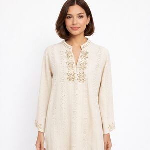 Vintage Ivory Pearl Embellished Tunic Dress  Long Sleeve  L